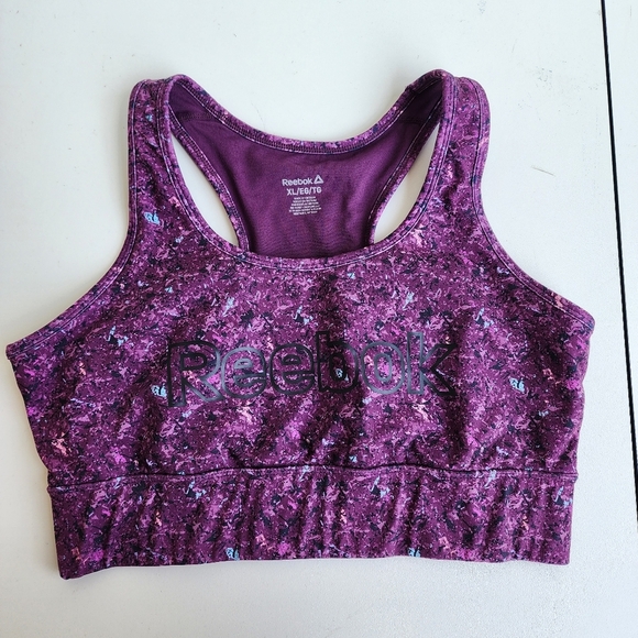 Reebok Purple Black Print Spellout Racerback Pull-On Sports Bra Gym XL - Picture 3 of 10